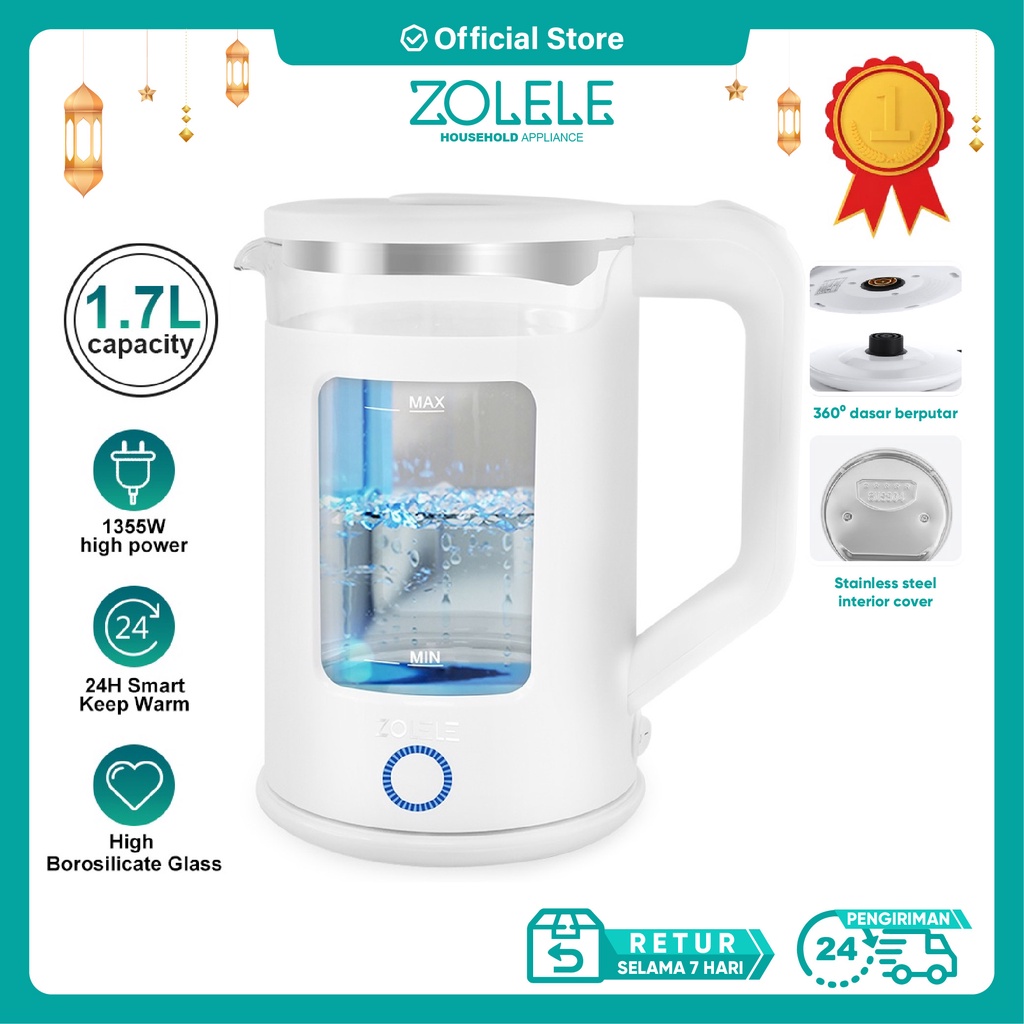 Jual ZOLELE Electric Kettle Listrik Multifungsi 1.7L Kaca Thermo Pots