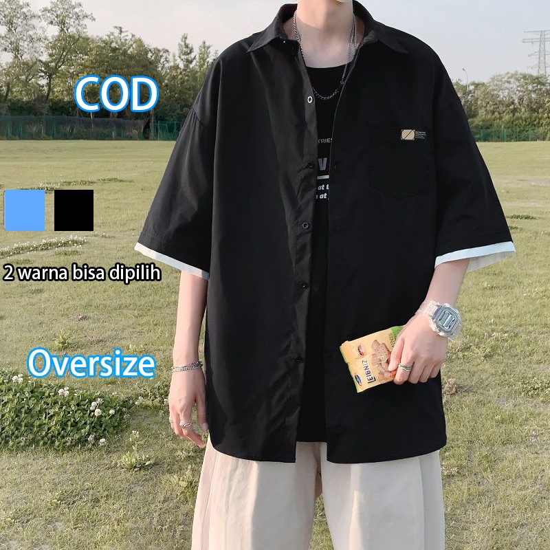 Kemeja Pria Korean Style Lengan Pendek Longgar Shirt Polos  Pria atasan kemeja oversize Baju Laki Laki hitam Kemeja Cowok Atasan pria Oversize terbaru Dua Potong kemeja Blue