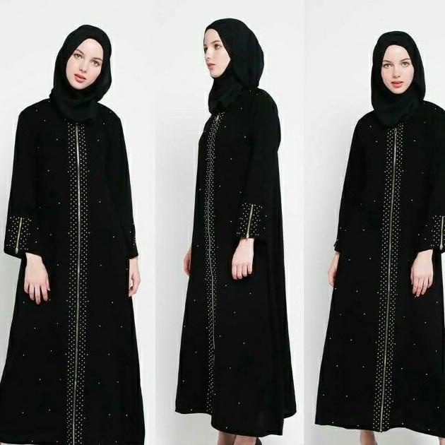 Baju Dress Abaya Muslim Gamis Arab Hitam Zipper Mata Full Kancing