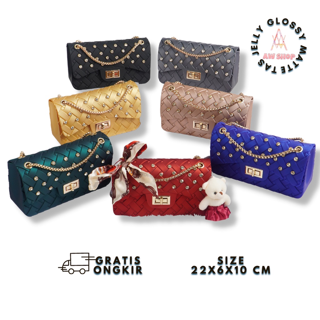 Tas Jelly Matte Chevron Maxi Anyam Diamond Size 22 Cm (Gratis Boneka &amp; Syal)