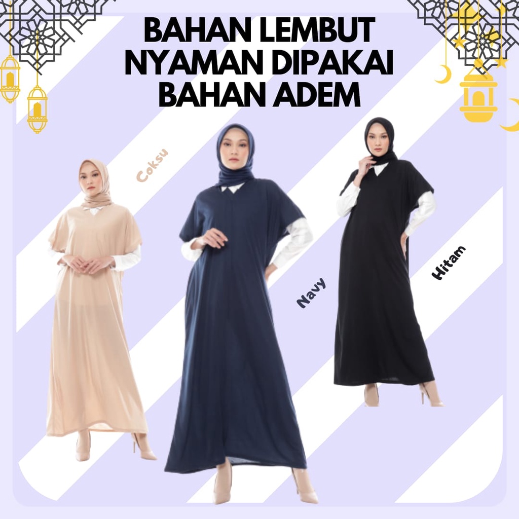 Baju Gamis Lebaran Kutung Kana Pesta Bahan Kaos Wanita Muslim Hitam Polos Nyaman dipakai