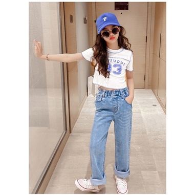 Setelan anak PEREMPUAN CROP SET import YIMUUDUI /PRERECORD 33 + CELANA JEANS TEBAL KEKINIAN setelan anak teenager