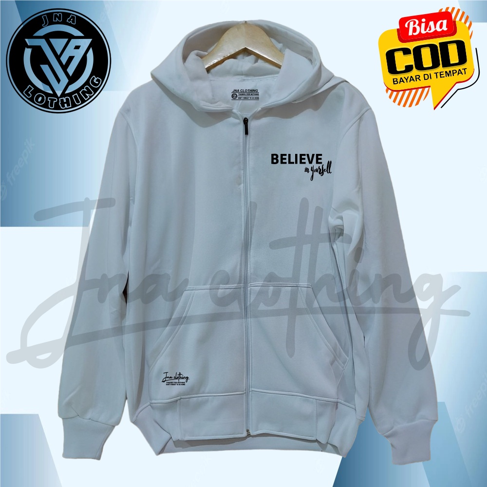 Hoodie Resleting Zipper Distro Pemium katun Tebal Warna Putih Sablon BELIEVE M-XXL Suiter Seleting Oversize Jumbo