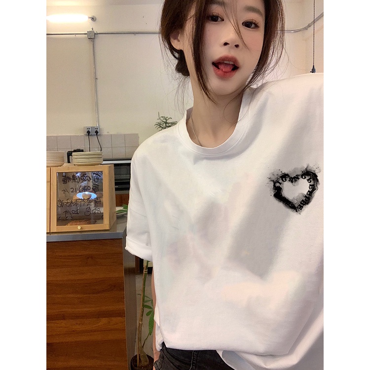 XIAOZHAINV Print T-shirt Kaos Lengan Pendek Retro Love Ink Baju Wanita Oversize Korean Style A0909