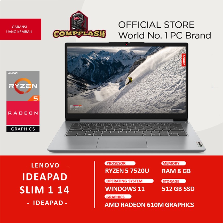 LAPTOP LENOVO IDEAPAD SLIM 1 14 RYZEN 5 7520U RAM 8GB 512GB SSD RADEON 610M FHD