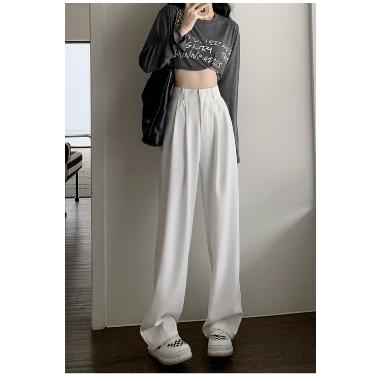 EUNII Celana Panjang Putih Casual Straight High Waist Pants Korean Style