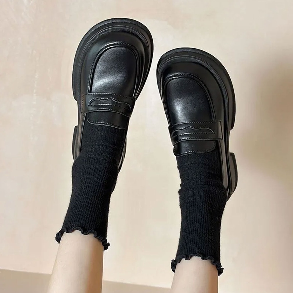 Sepatu Docmart / Sepatu Loafers Wanita / Sepatu Wanita Mary Janes Import Premium Putih Korea Hitam Casual Shoes Pu Sol Tinggi 4.5 cm ST035