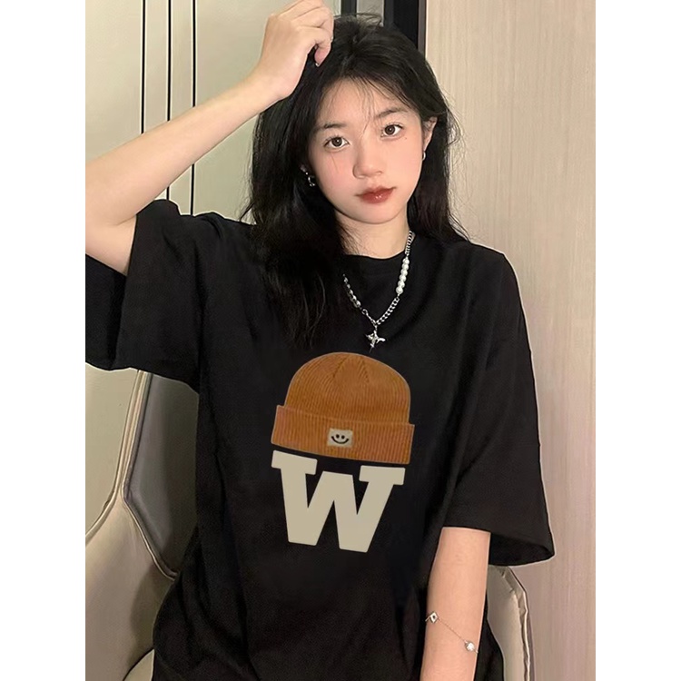 Korean Style Oversize Cartoon Letter Kaos Hitam Atasan Wanita Lengan Pendek Oversize Printed T-shirt