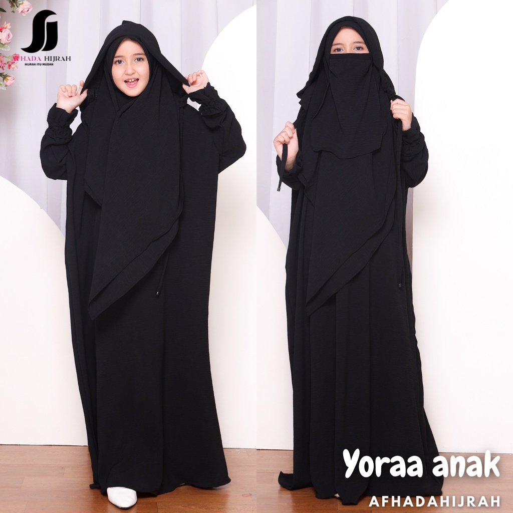 Afhadahijrah - Gamis anak perempuan set cadar Yoraa Hoodie crinkle airflow hitam baju dan hijab inst