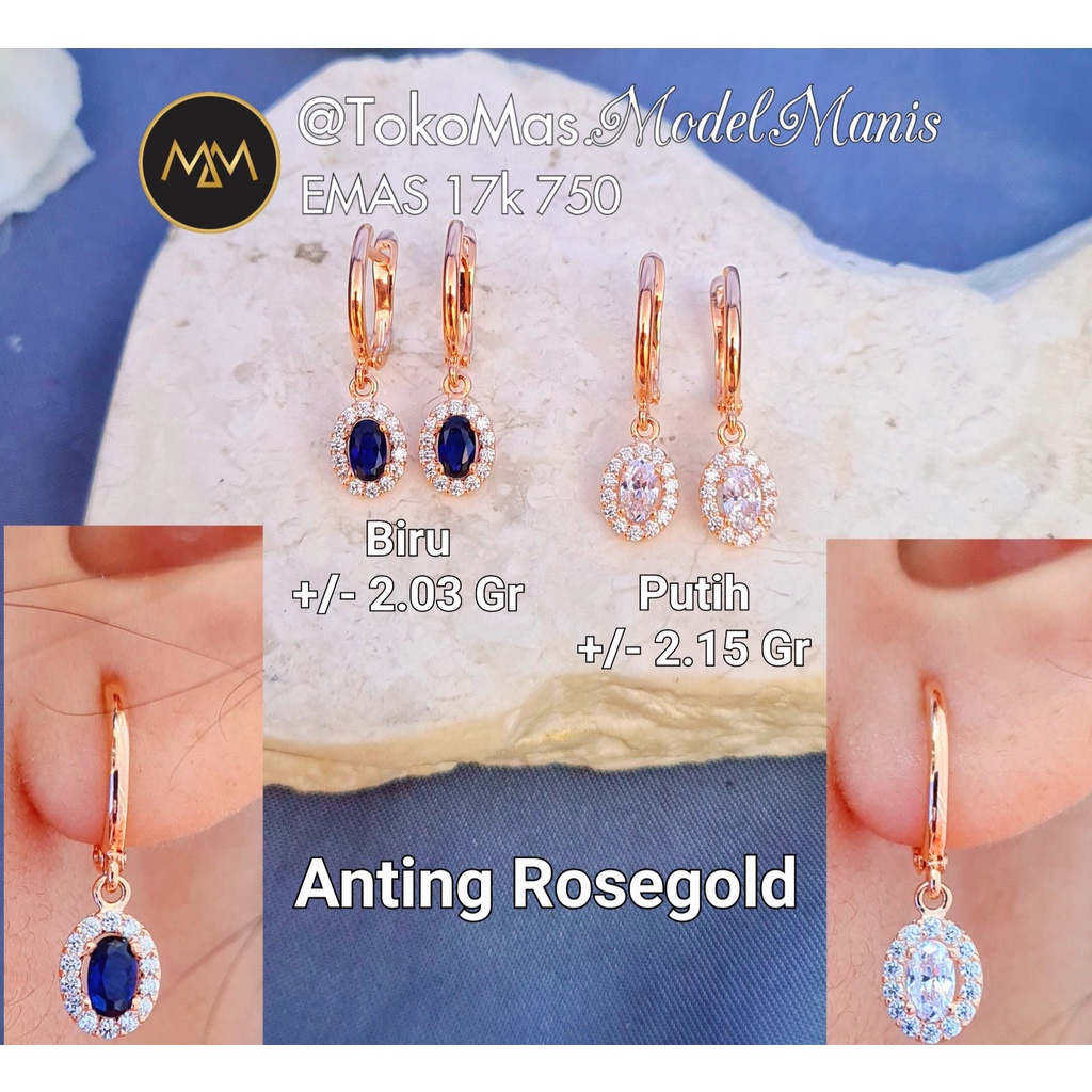 Anting jepit gantung oval batu biru-putih emas rosegold 750 ladar 17k