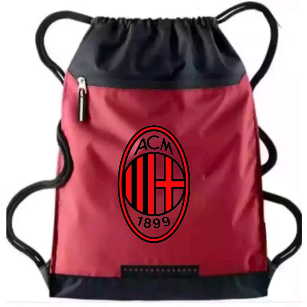 Tas Serut pria stringbag selempang olahraga Logo AC Milan | Liga Italia | tas travel serut Waterproof resleting