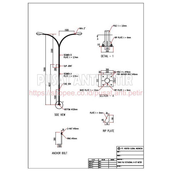 Tiang PJU Oktagonal Tiang Lampu Double Arm 7 Meter Dot Dip Galvanize