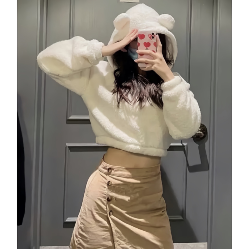 Sweater Crope Hoodie Sherva Bear cute Bulu Domba