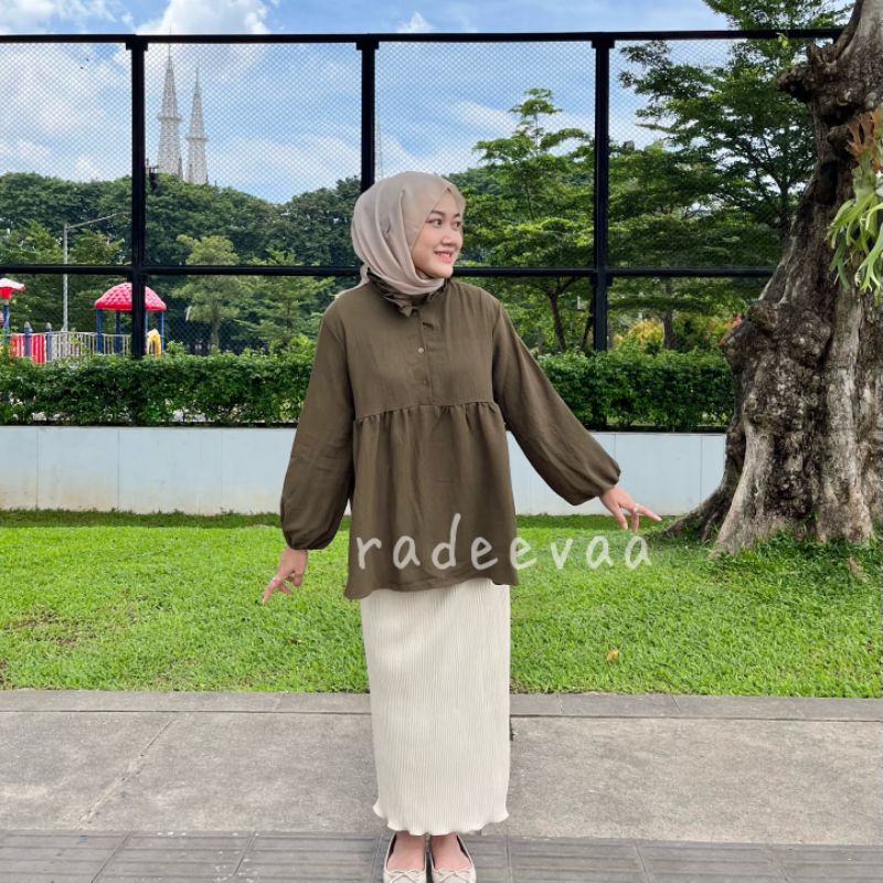 BLOUSE BABYDOLL AIRFLOW CRINKLE ATASAN PEPLUM WANITA MUSLIM FORMAL