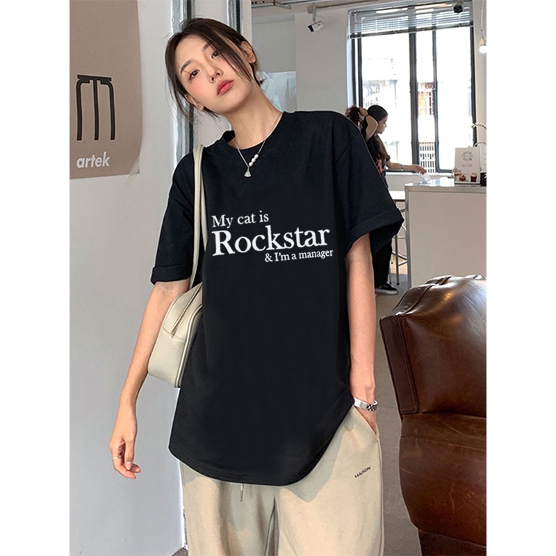 kaos wanita korean style premium import oversize lengan pendek letter pattern printed t-shirt kekinian atasan wanita warna hitam