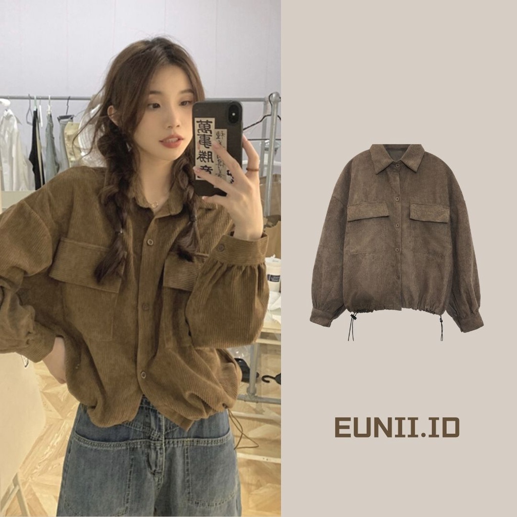 EUNII Jaket Crop Wanita Retro Outer Lengan Panjang Korduroi Jacket Hitam Korean Style