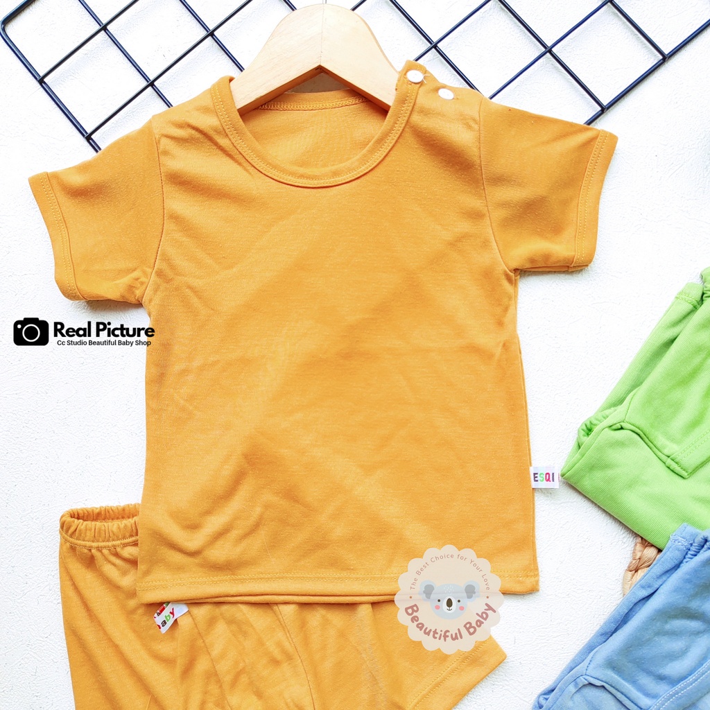 Baby.ou - Setelan Baju Bayi Lengan Pendek Celana Pendek Motif Polos / Setelan Harian Bayi / Kaos Oblong Bayi &amp; Anak Kancing Pundak