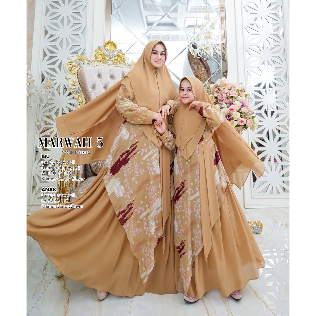Zahira1808 Gamis Syari Couple Marwah 5 Ceruty Baby Doll Ori Best Seller Gamis Anak Dengan Khimar Ibu