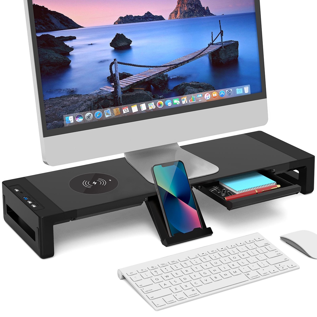 Meja Laptop Desk Monitor Stand with Wireless Charging and USB Port - 6052 - Black