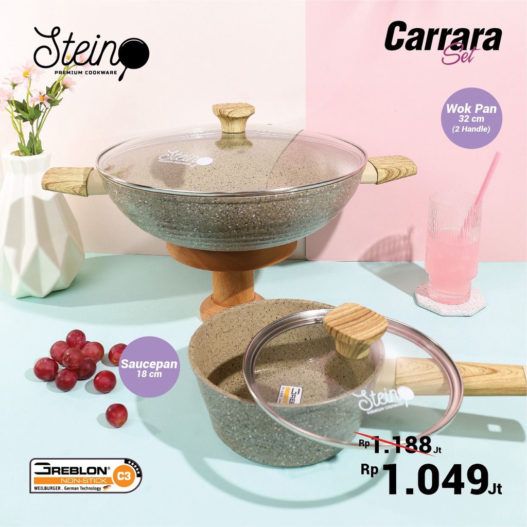 Stein Cookware Carrara Set|Stein Paket Carrara Granite Anti Lengket Original Asli