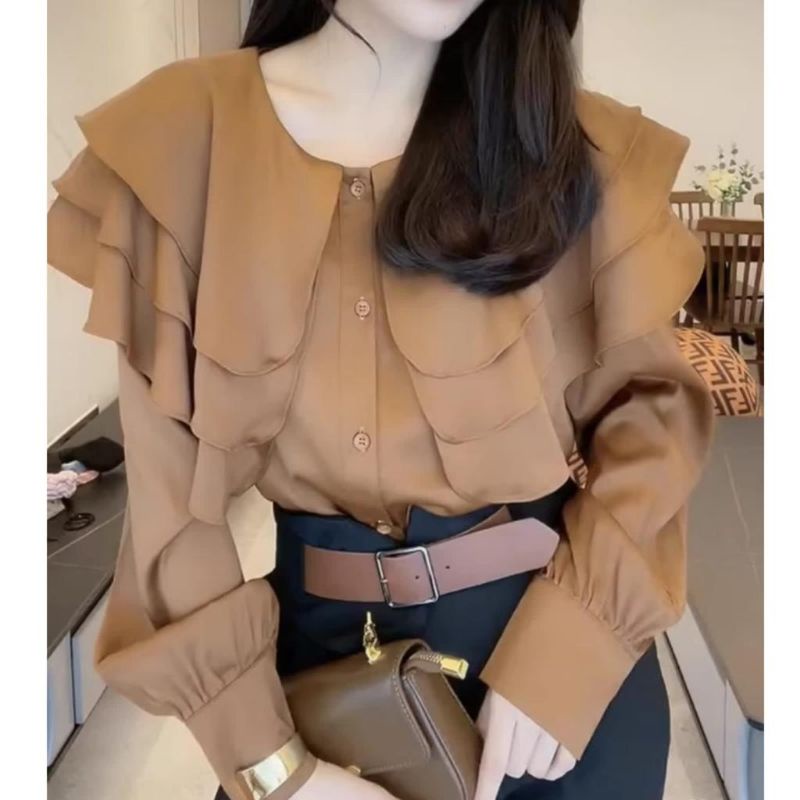 5400 Baju atasan kemeja blouse LAYERED COLLAR SHIRT lengan panjang kerah rempel Korea Korean style w