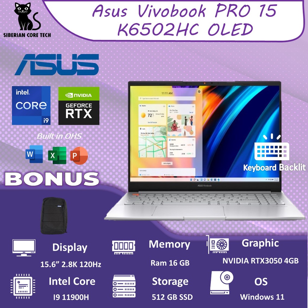 ASUS VIVOBOOK PRO 15 OLED K6502HC OLEDS951 RTX3050 4GB/ I9 11900H 16GB 512SSD W11+OHS 15.6 2.8K 120HZ