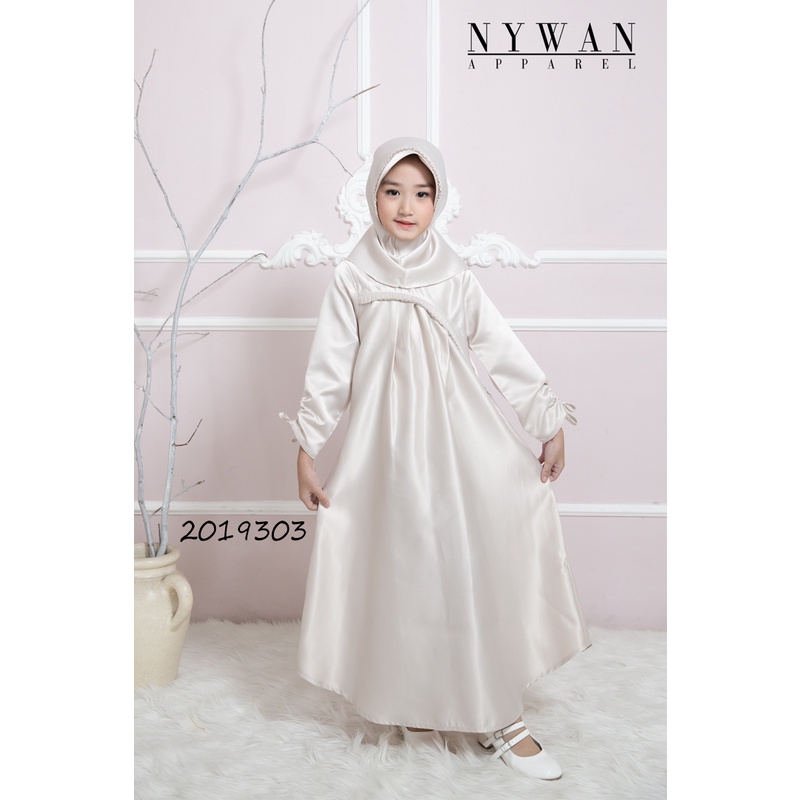 Nywan Apparel baju pakaian Gamis long dress Anak perempuan lebaran 2024 Satin mewah pink, krem, 1,2,3,4,5,6,7,8,9,10,11,12,13,14 Tahun termasuk hijab-2019303 Cream