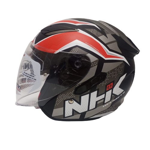 HELM NHK R1 SUBJECT BLACK RED SILVER DOFF HALF FACE NHK R1 DOUBLE VISOR