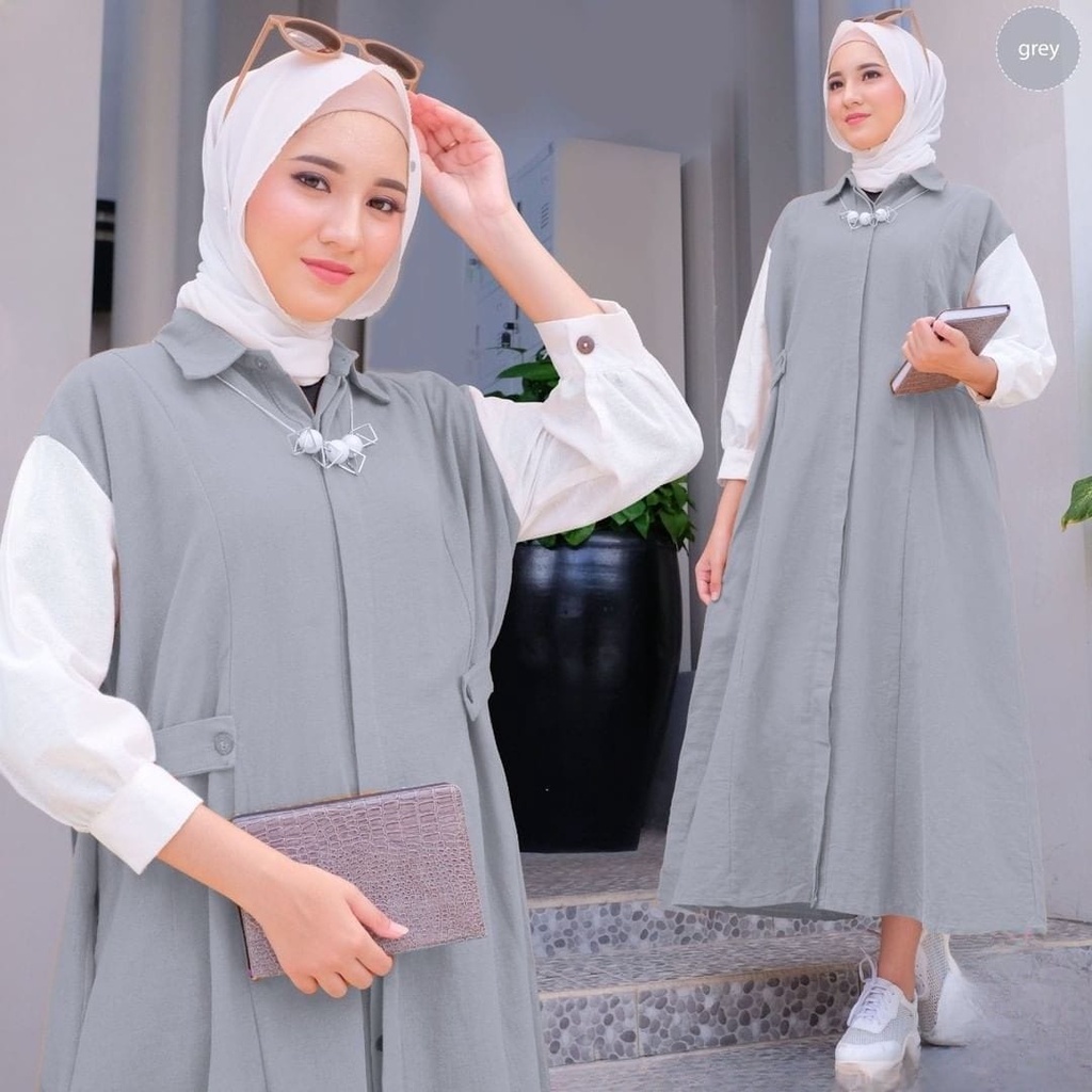 Nesia Midi Dress Gamis Muslim l Dres Maxy Matt Shakila Two Tone Color Fashion Terlaris - Gamis Lebar