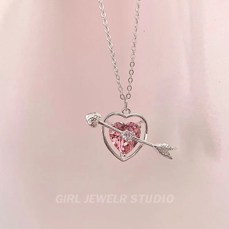 Korea Ins Kalung Rantai Klavikula Bentuk Hati Love Cupid's Arrow Untuk Wanita Set Gelang Desain Pink