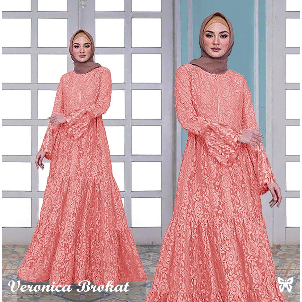 HOPYLOVY - Gamis Brukat Lapis Furring Wanita Kancing Depan Maxi Veronica