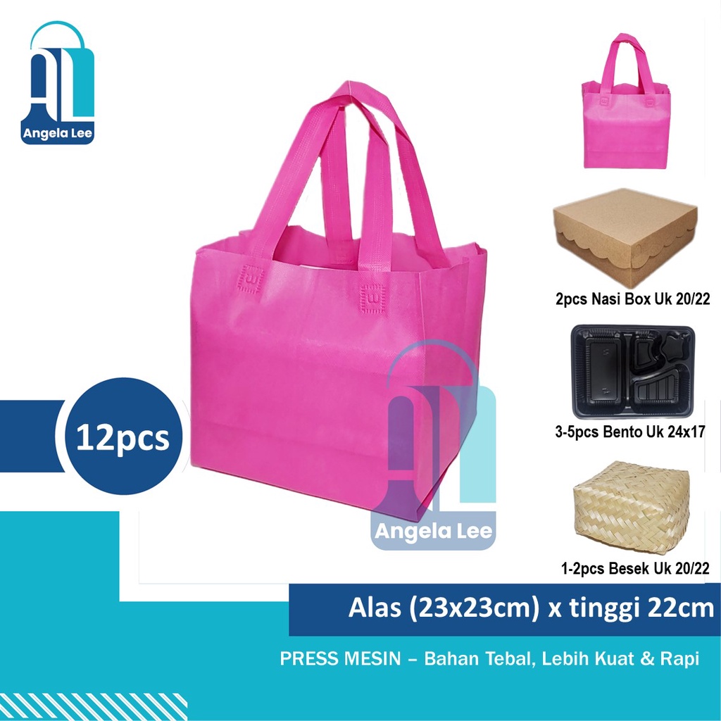 12bh Tas Kain Spundbond Handle Lipat Polos Nasi Kotak/Besek uk 22cm