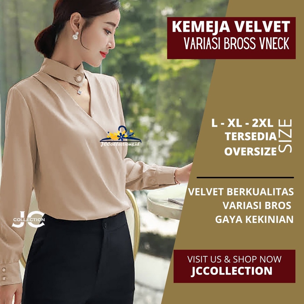 JCCollections Blouse Korea Style Satin Velvet leher tinggi Wanita Gaya Korea Lengan Panjang Minna