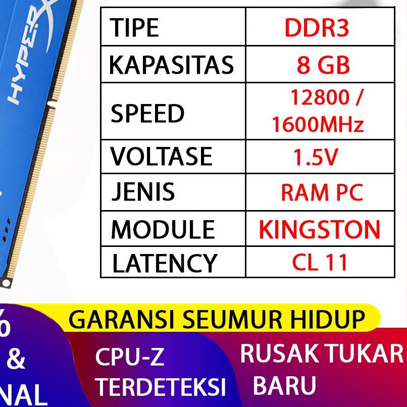 ♪ RAM KINGSTON HYPERX FURY GAMING DDR3 8GB 1600MHz  RAM PC DDR3 8GB ✽