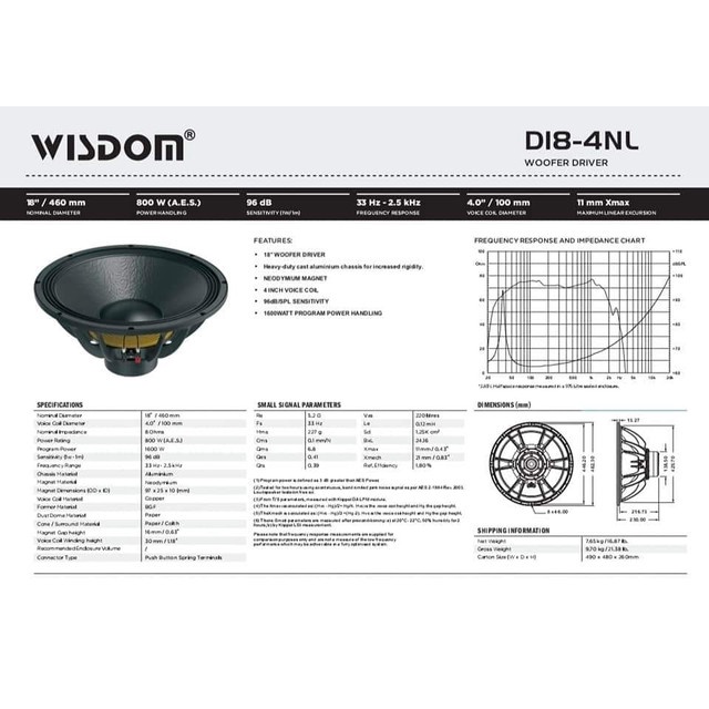 Komponen Speaker 18 Inch WISDOM D18-4NL / D184NL Original