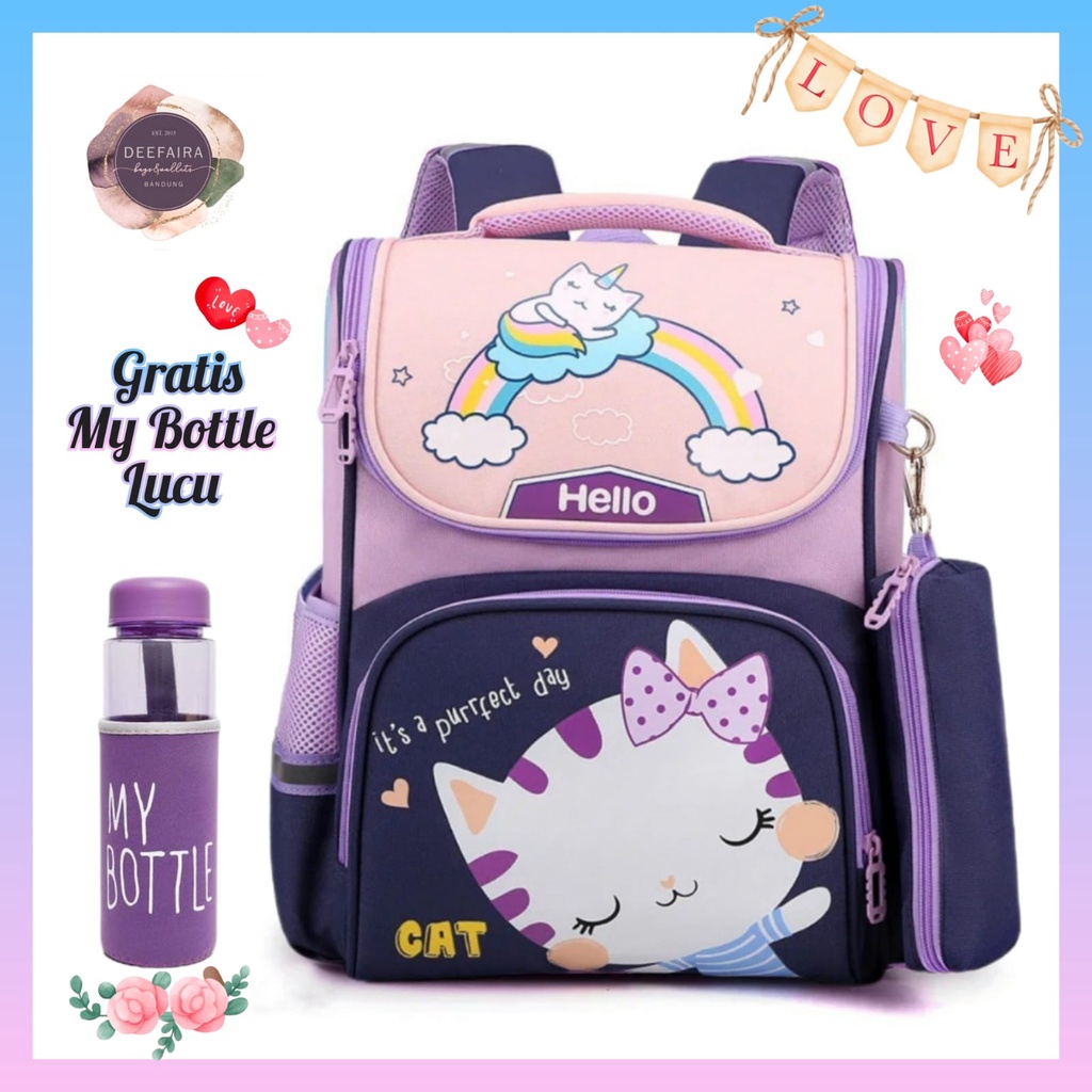 Tas Ransel Sekolah Anak Perempuan Motif C4t Happy Rainbow Gratis Botol  Minum Untuk Tk &amp; Sd