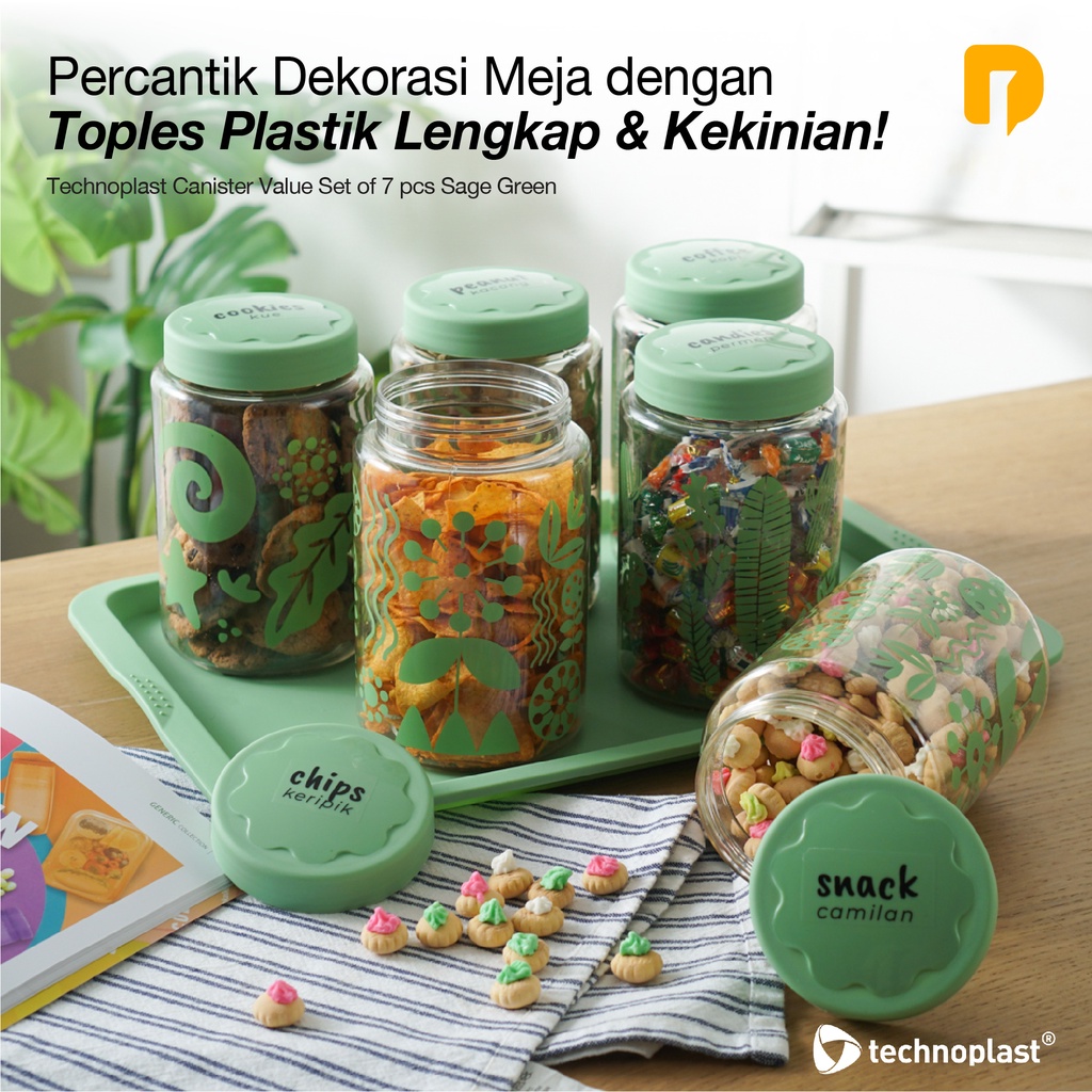 TECHNOPLAST CANISTER VALUE SET OF 7 PCS SAGE GREEN | TOPLES PLASTIK LENGKAP DAN KEKINIAN | WADAH CEM