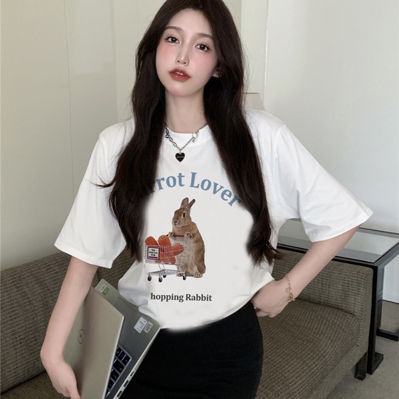 Print T-shirt Kaos Lengan Pendek Cartoon Shopping Rabit Baju Wanita Korean Style