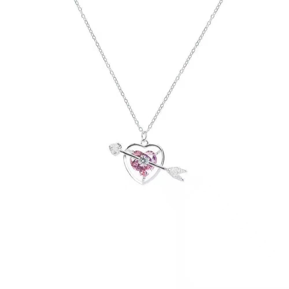 Korea Ins Kalung Rantai Klavikula Bentuk Hati Love Cupid's Arrow Untuk Wanita Set Gelang Desain Pink