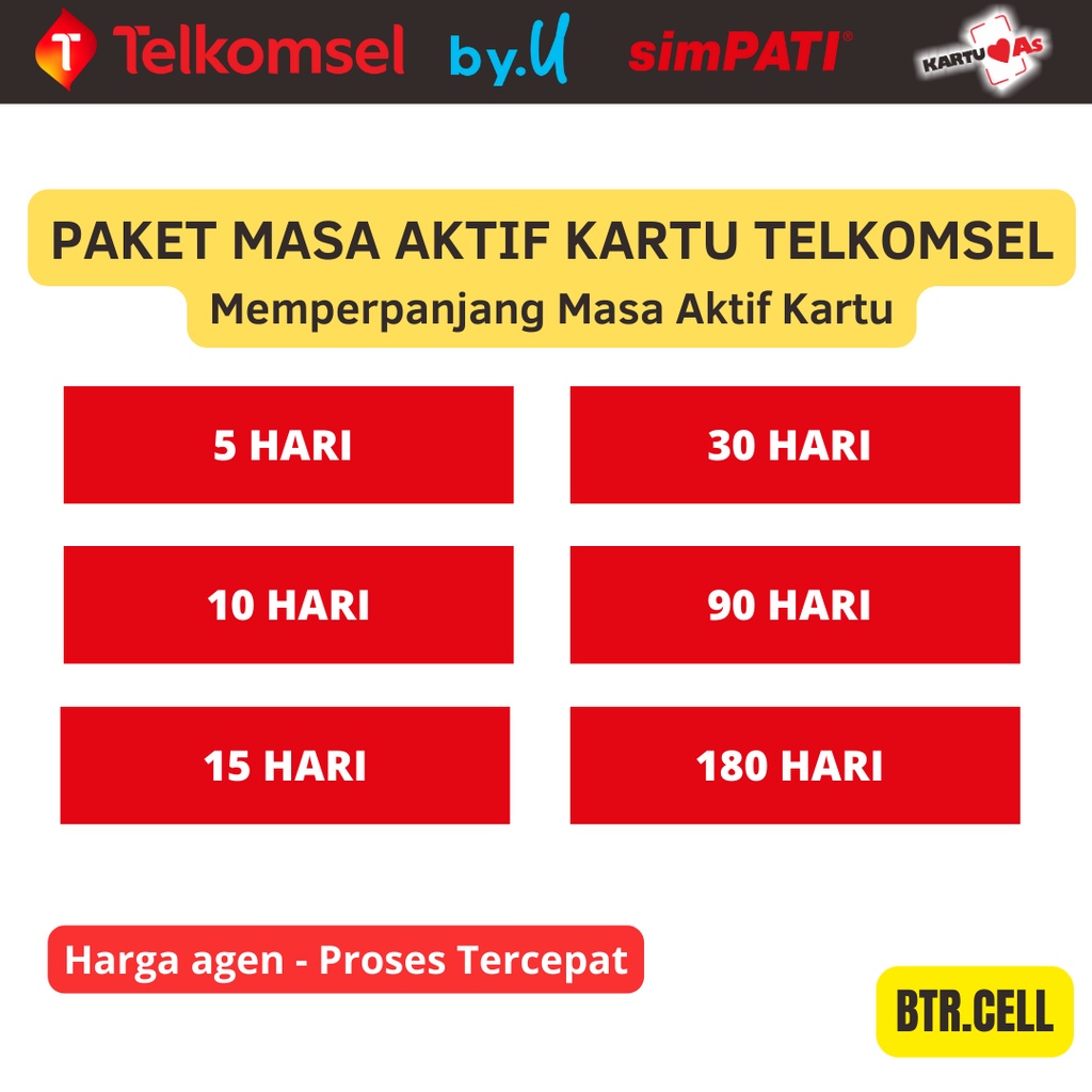 PAKET PERPANJANGAN MASA AKTIF KARTU TELKOMSEL SIMPATI AS LOOP BYU 5 HARI 10 HARI 15 HARI 30 HARI 90 