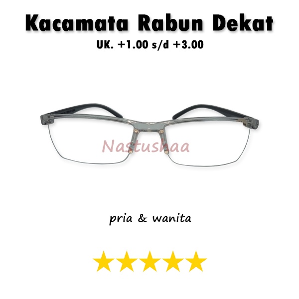 Kacamata Lensa Plus Baca (+) Uk. +1.00 s/d +3.00 Model Semi Rimless Transparan Gagang Hitam Rabun Dekat Pria dan Wanita FREECASE