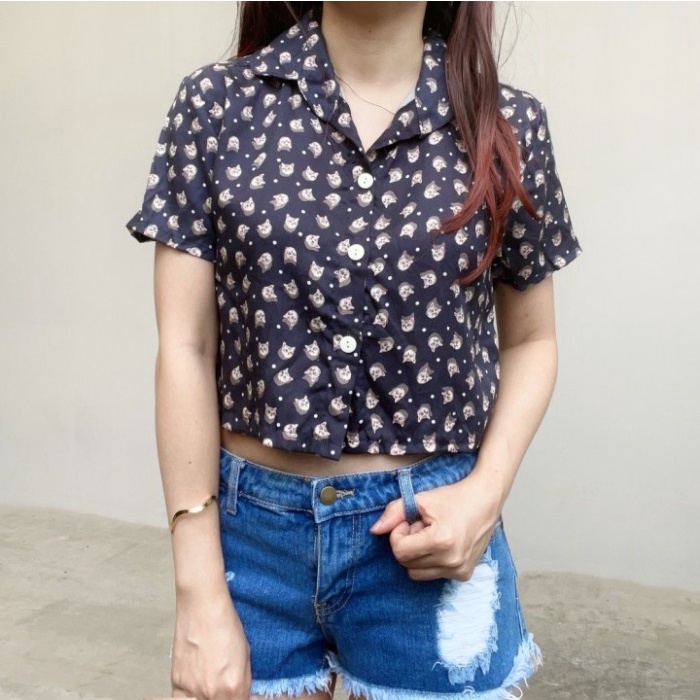 SL293 - Atasan Kemeja Crop Wanita Korean Style