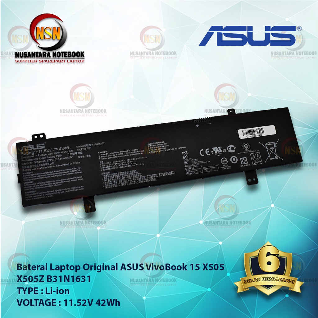 Baterai Laptop Original Asus B31N1631 For VivoBook 15 X505 11.52V 42Wh