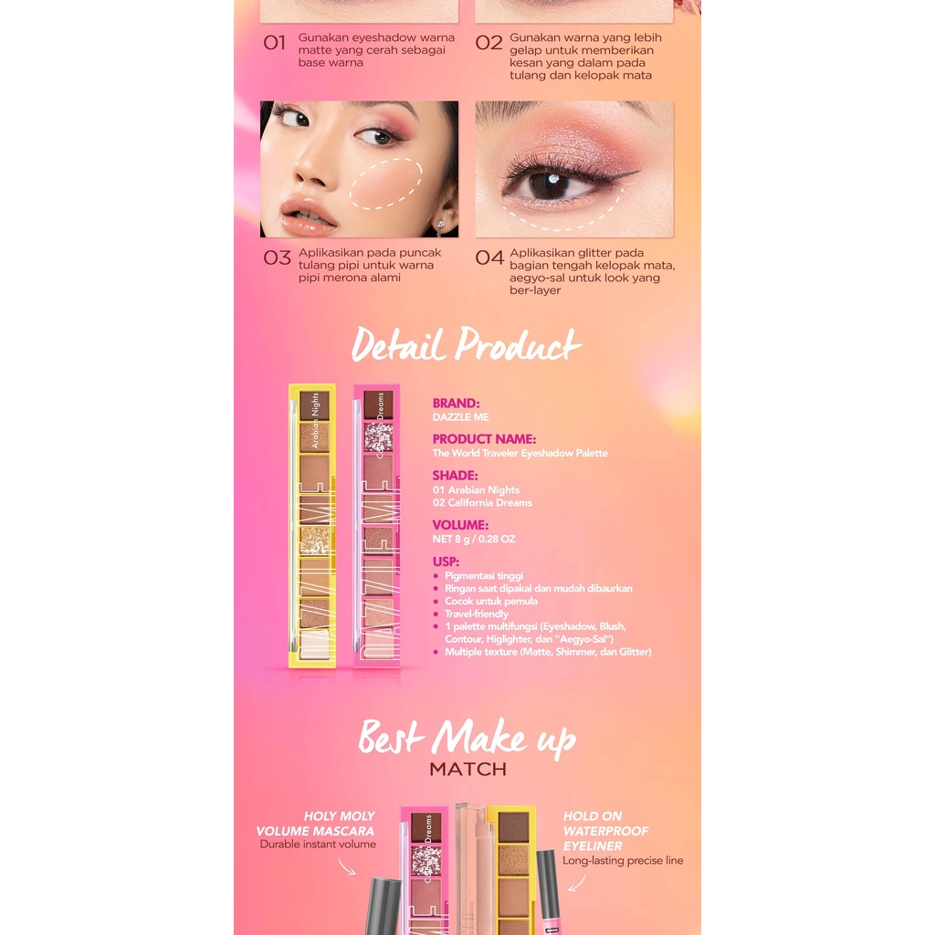 DAZZLE ME The World Traveler Eyeshadow Palette | BPOM 8 warna Natural Matte Satin Glitter High Pigment Long Lasting Smooth