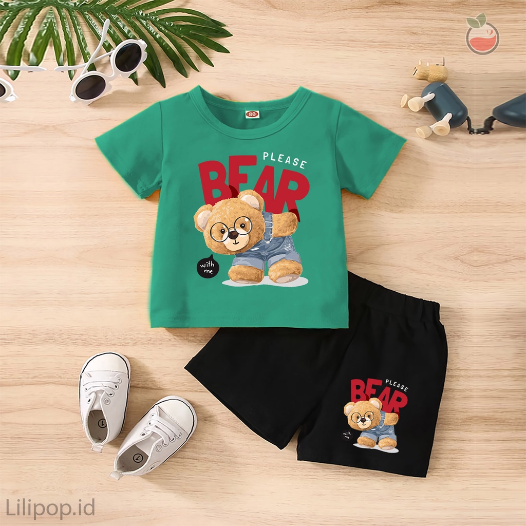 Baju Anak Stelan Kaos 3/4  BEAR CUTE Cowok Cewek  Usia 1 - 4 Tahun Celana Pendek Harian