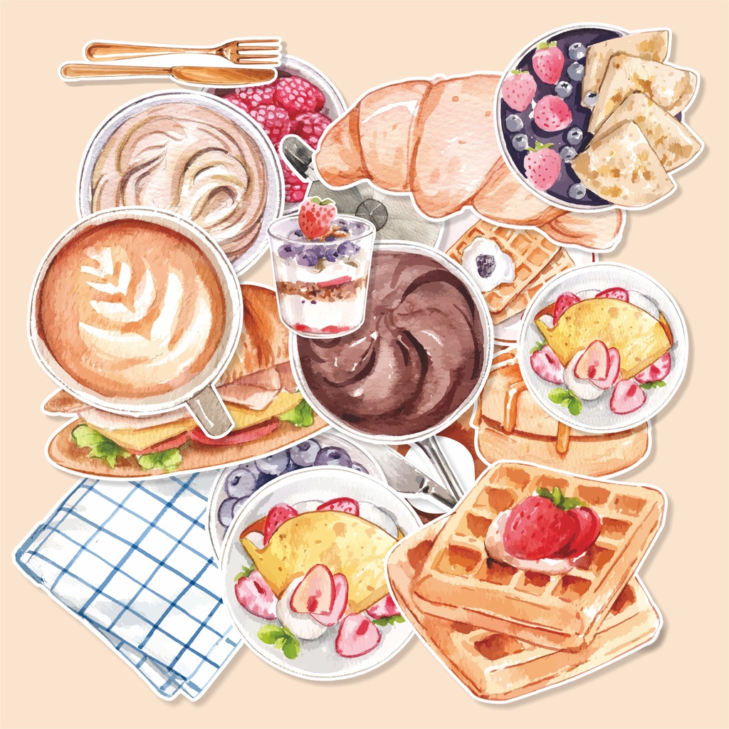 

( 20 pcs )label stiker satuan murah BRAKFAST-watercolor/murah/random stiker buku/label murah