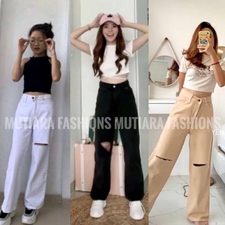 TREN TERBARU KULOT JEANS WANITA HITAM SOBEK HIGHWAIST PREMIUM