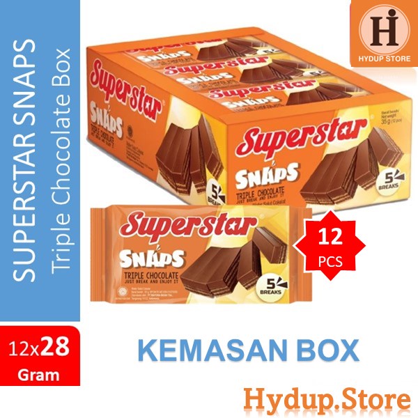 

Superstar Snaps 5 Breaks Wafer Cokelat Kemasan Box isi 12 Kemasan 28 Gram