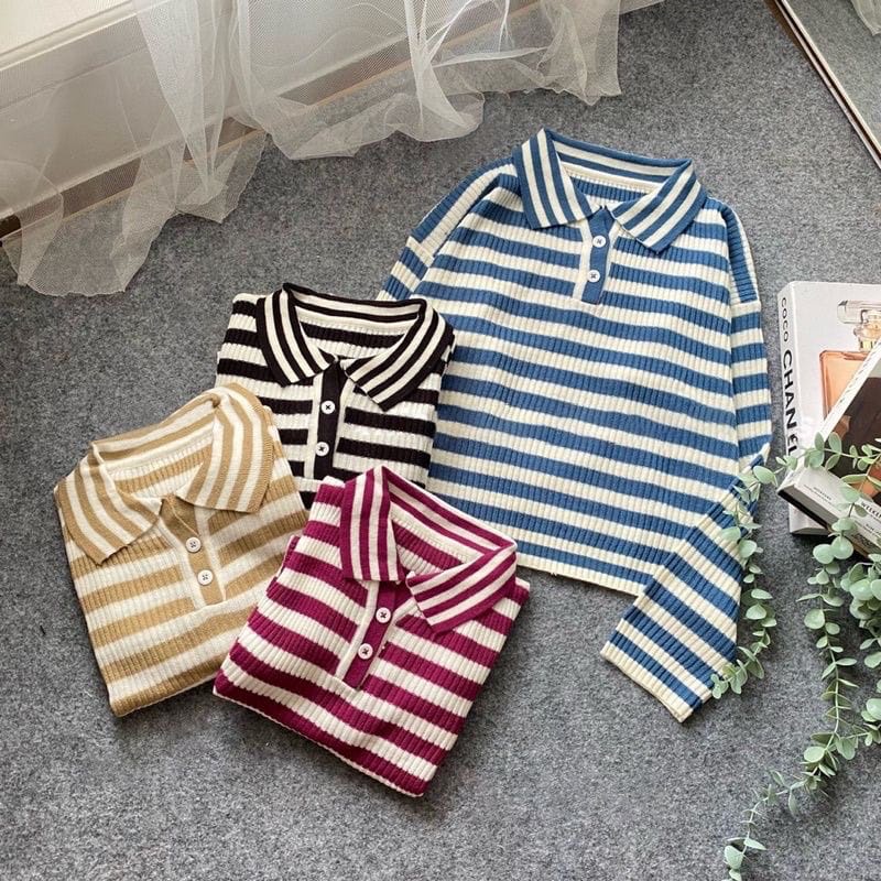 SWEATER RAJUT SILVANA CROP MOTIF STRIP BLASTER/ATASAN RAJUT POLO CROP TERBARU