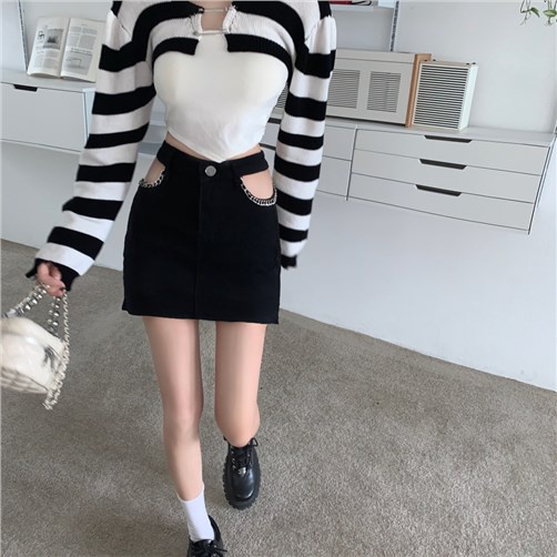 Red Sexy hot girl hollow zipper hot girl high waist hip-lifting A-line denim skirt for women